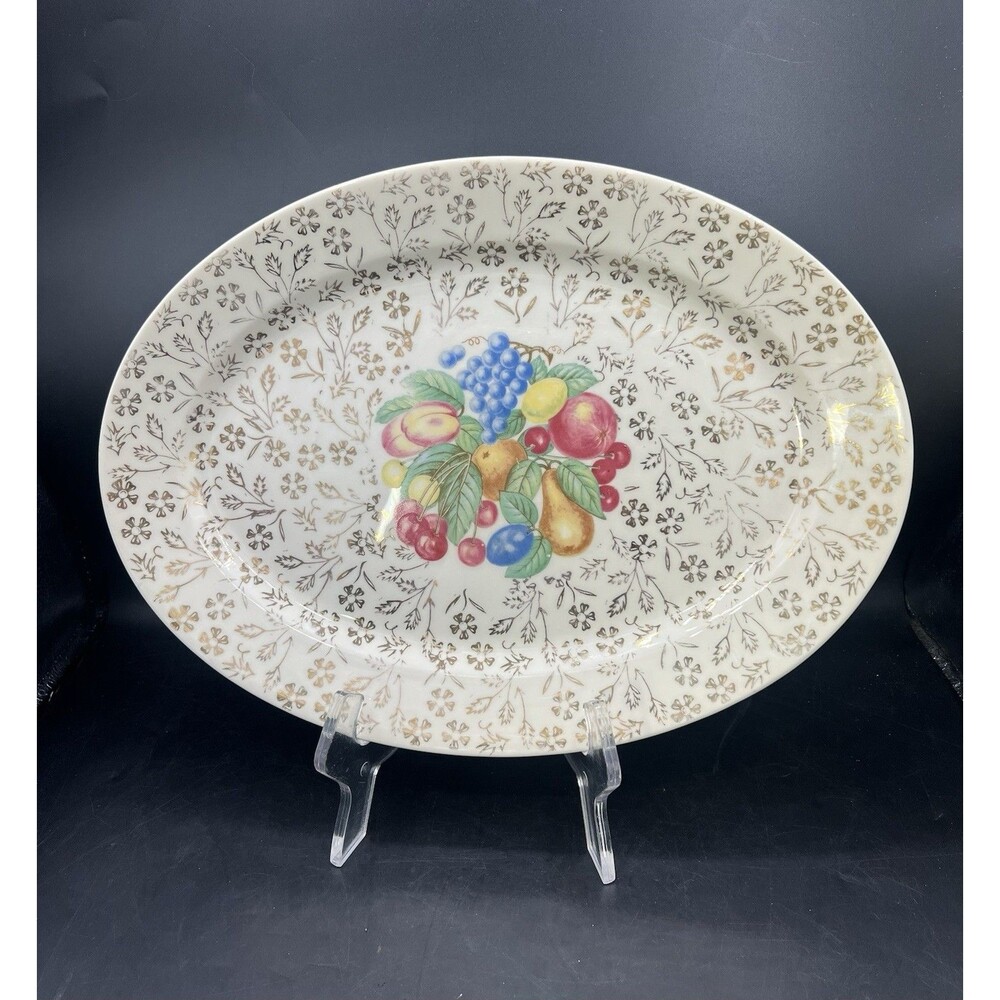 Vintage Atlas China 22K Gold Fruit Oval Serving Platter LARGE 14 1/8” Floral